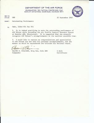 Air Traffic Control commendation letter from the General