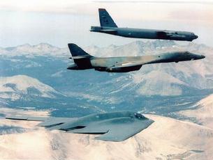 B-52 Stratofortress, B-1B Lancer, and B-2 Spirit fly in formation