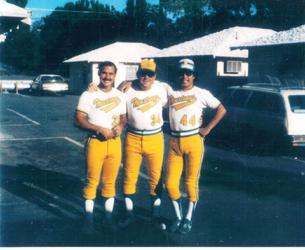 "The Three Amigos" - Cal Nikont (28), Mike Smith (34), and Al Rosales (44) with the Glendale Mustangs at a big fastpitch softball tournament in Bishop, CA in 1978. The Mustangs finished 5th in the 1977 World Tournament.