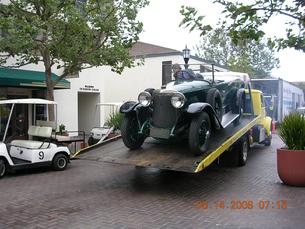 Unloading 1925 Diamler-Benz at the Portola Plaza Hotel in Monterey, CA