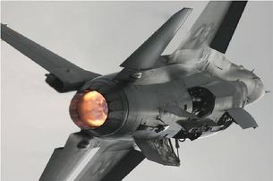 F-16 Falcon full afterburner takeoff, landing gear raised and about to close the doors