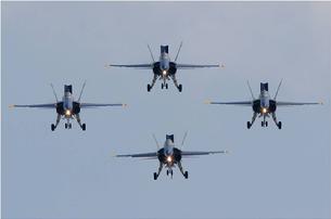 FA-18 Hornet  This Blue Angels formation is called the Dirty 4 because all flaps are down, all speed brakes are out, all tailhooks are down, and all landing gears are down.