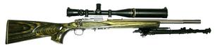 Ruger 77/22 Bolt-Action Rifle in .22 Rimfire with a Volquartsen Heavy Fluted Barrel with a Muzzle Brake and a Leupold 6.5x20x40mm Scope with Target Knobs and a Mil-Dot Reticle